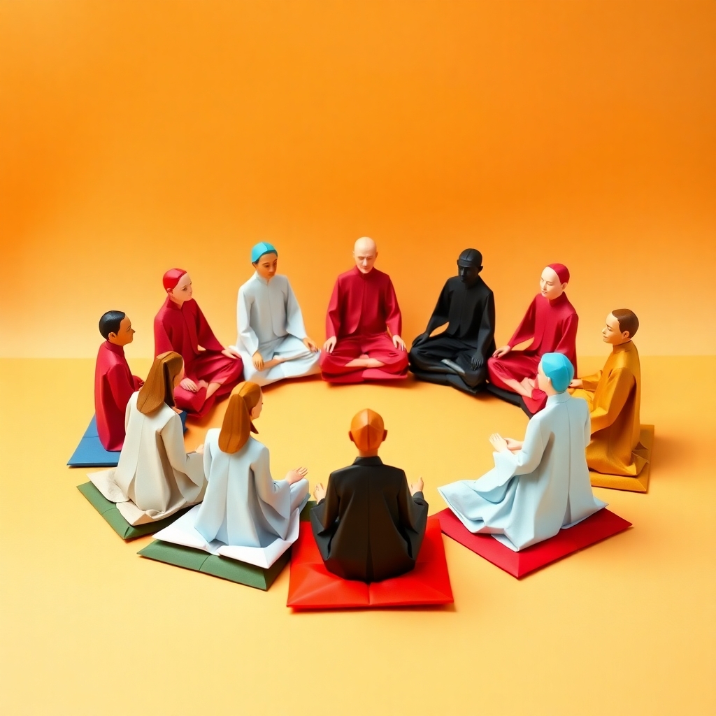 A photorealistic image of a diverse group of people of different ages and ethnicities, smiling warmly and engaged in a yoga class or meditation session together.  The setting should be a bright, airy studio, radiating a feeling of openness and inclusion. High resolution is a must, aiming for a sense of warmth, unity, and connection.