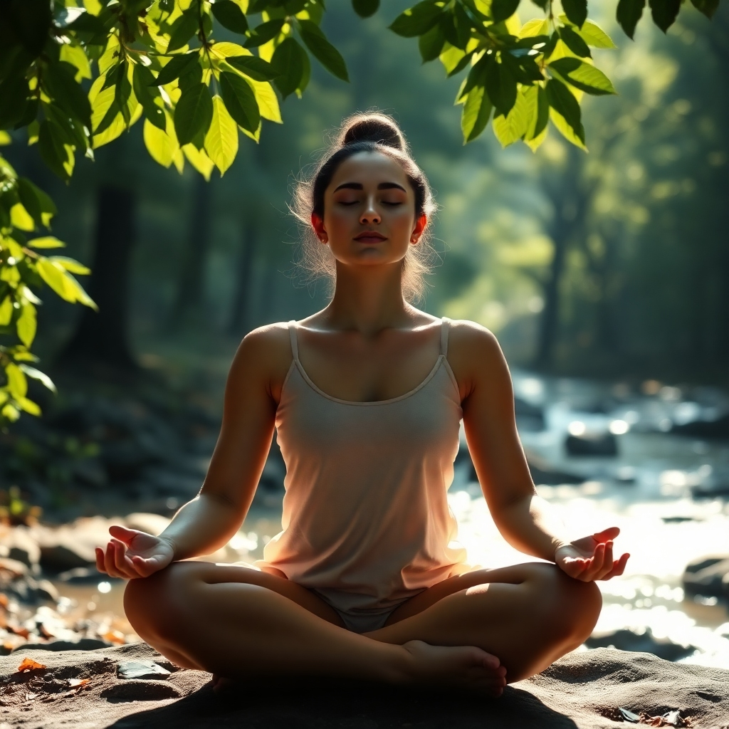 A photorealistic image of a serene person with closed eyes, sitting in a comfortable lotus position, bathed in soft sunlight filtering through leaves.  The background should be a peaceful forest setting, with a gentle stream flowing nearby. The overall mood should be one of tranquility and inner peace. The person's expression should be one of complete relaxation and contentment. High detail, 8k resolution, cinematic lighting